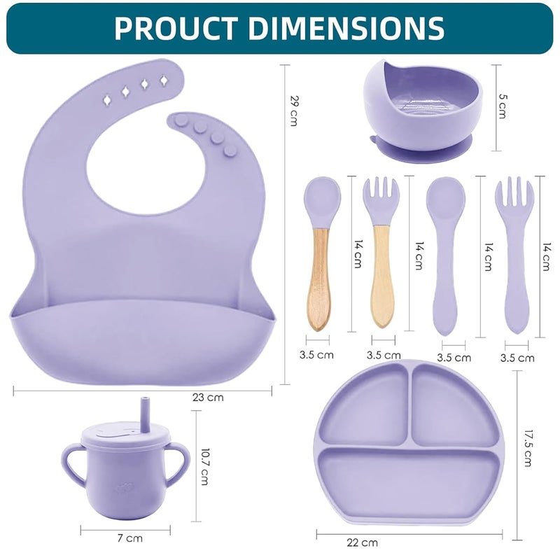 Dormlony 100% Silicone Baby Feeding Set,BPA Free Baby Dishes Set with Suction Bowl Divided Plate,Toddler Self Feeding Dish Set with Spoons Forks Sippy Cup and Bib, Baby Eating Utensils(Purple) - Image 2